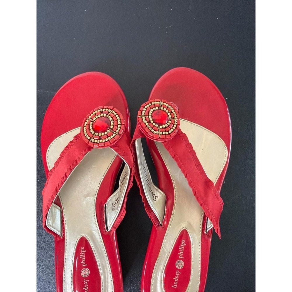 Lindsay Phillips SwitchFlops Red Ruffle Beaded Wedge Thong Sandals Women's 9